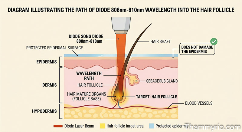 Graphic showing Navy Ai Diode Laser 808nm-810nm wavelength targeting hair follicles without skin damage.
