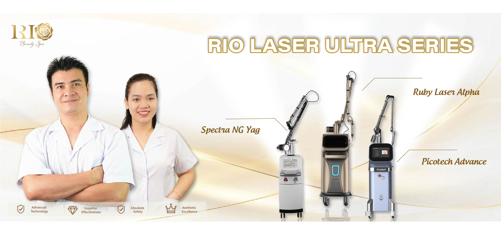 Rio Laser Ultra Series combining Picotech Advance, ND YAG Spectra, and Ruby Laser Alpha 6 for scar-free tattoo removal.