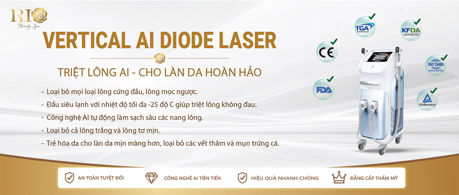 Vertical AI Diode Laser: Internationally certified medical-grade hair removal technology at Rio Beauty Clinic.