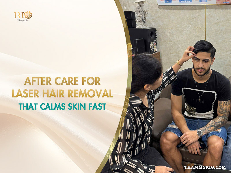 A technician consulting a male client about after care for laser hair removal at Rio Beauty Clinic.