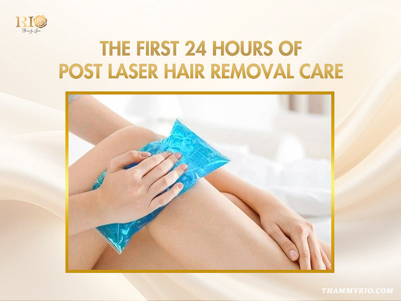 Applying a cold gel pack on legs for after care for laser hair removal within the first 24 hours.