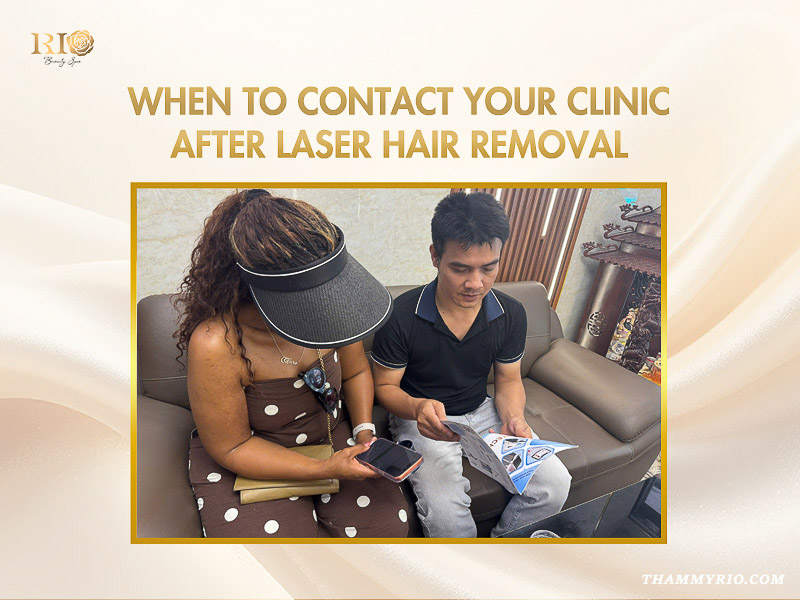 A staff member guiding a female client on when to contact the clinic during after care for laser hair removal.