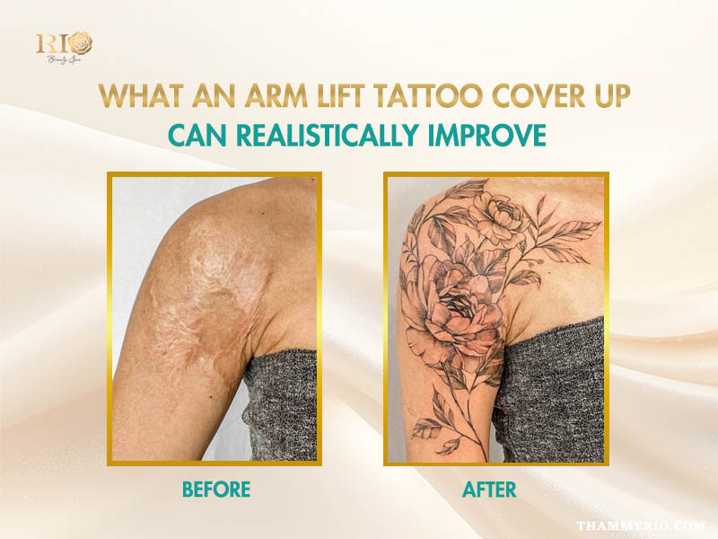 Before and after transformation of an arm lift tattoo cover up on a scarred shoulder.