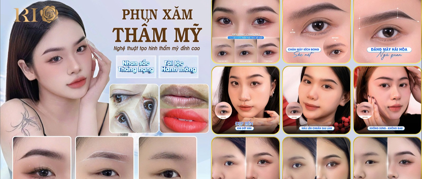 Grand gathering of award-winning PMU masters in Vietnam showcasing international trophies at Rio Beauty Clinic.