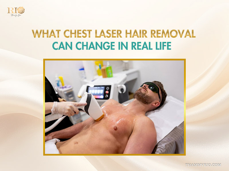 A man wearing protective glasses undergoes a chest laser hair removal treatment at Rio Beauty Spa.
