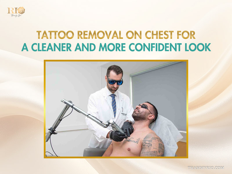 Professional specialist performing laser chest tattoo removal on Arabic script ink at Rio Beauty Spa.
