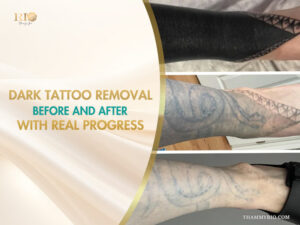 Dark tattoo removal before and after results showing fading process on leg