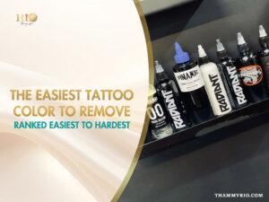 Professional tattoo ink bottles from Dynamic and Radiant brands illustrating the easiest tattoo color to remove.
