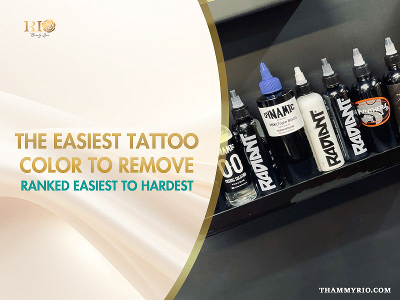 Professional tattoo ink bottles from Dynamic and Radiant brands illustrating the easiest tattoo color to remove.