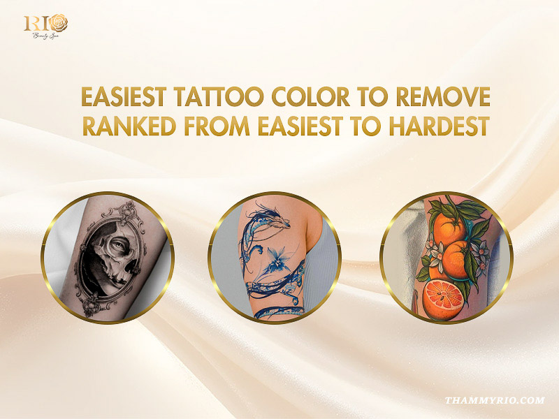 Comparison of easiest tattoo color to remove featuring black, blue, and orange ink designs.