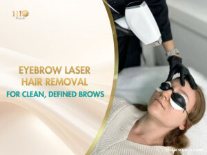 A woman receiving an eyebrow laser hair removal treatment at a spa for clean and defined brows.