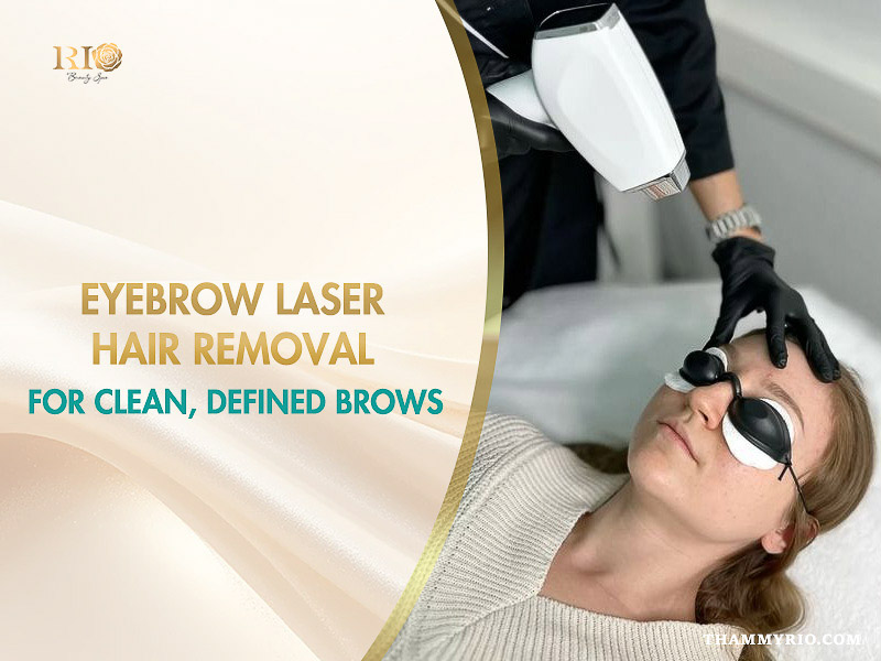 A woman receiving an eyebrow laser hair removal treatment at a spa for clean and defined brows.