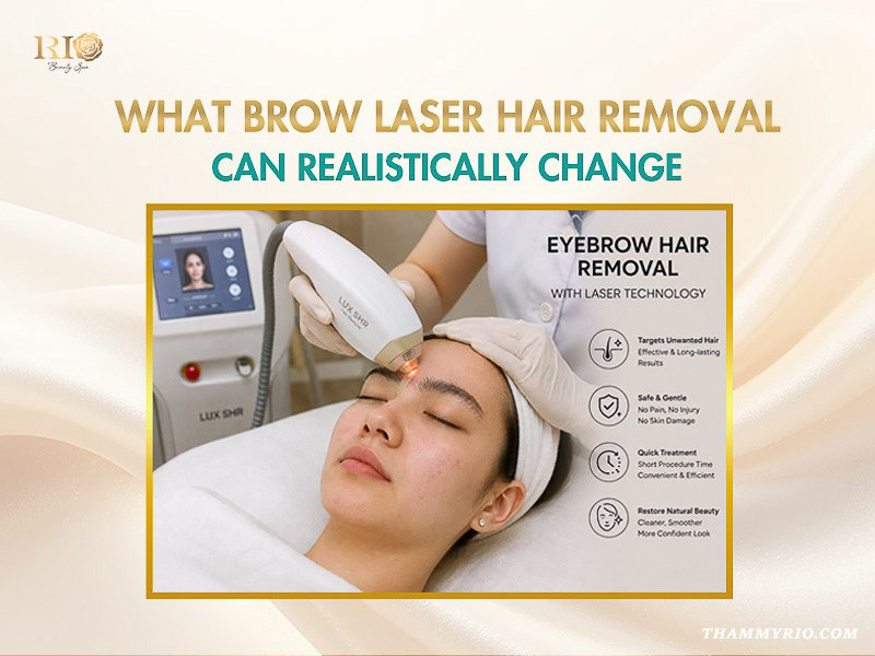 A woman receiving an eyebrow laser hair removal treatment with Lux SHR technology for safe and effective results.