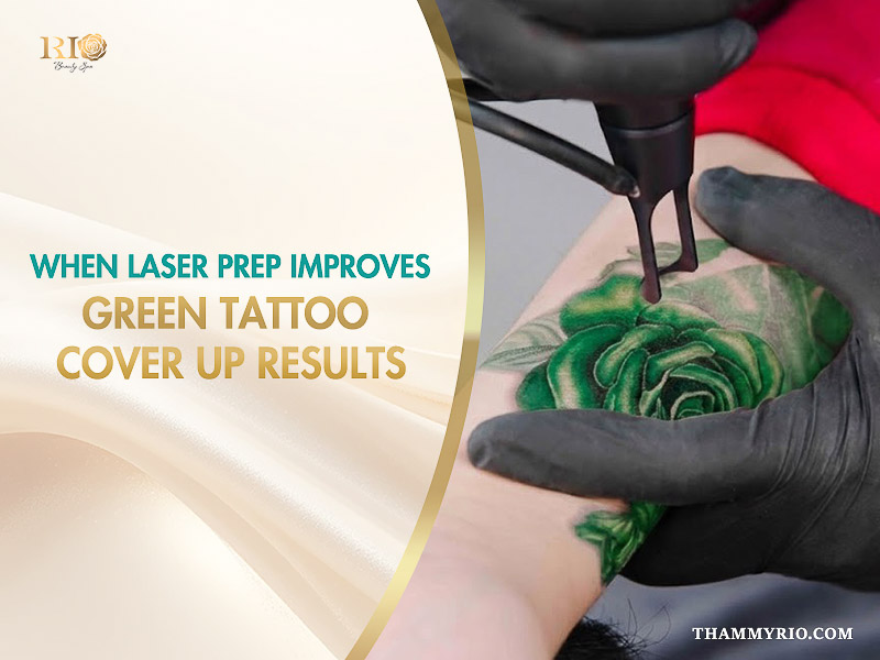 Green tattoo cover up results showing before and after laser removal of a teal rose on an arm.