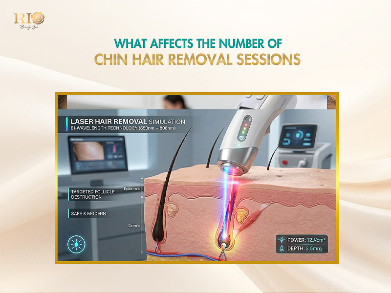 Laser simulation destroying hair follicle root to permanently remove hair on chin for females safely.