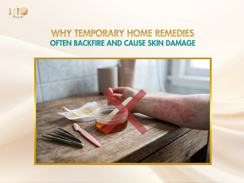Tweezers and wax crossed out next to irritated skin, showing risks of temporary removal of hair on chin for females.