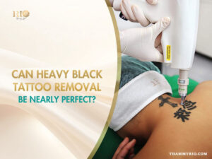 Close up of a laser treatment on a black cross and calligraphy tattoo on the neck for heavy black tattoo removal.