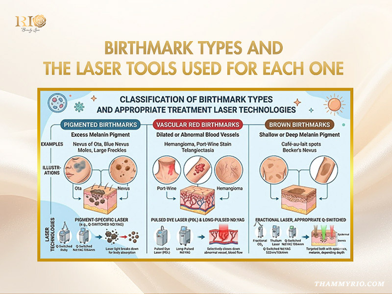 Infographic explaining laser birthmark removal before and after treatment technologies.