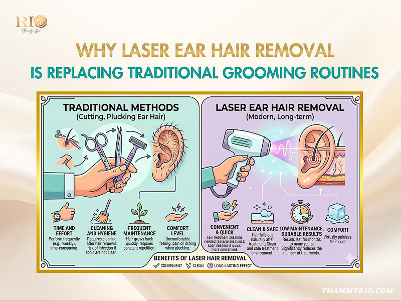 An infographic comparing traditional methods with modern laser ear hair removal benefits at Rio Beauty Clinic.