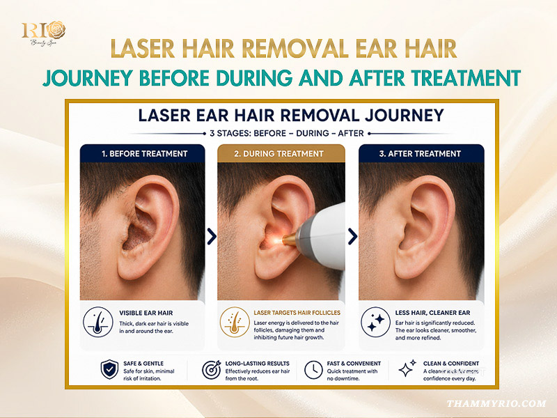 A three stage laser ear hair removal journey showing the before during and after treatment results at Rio Beauty Clinic.