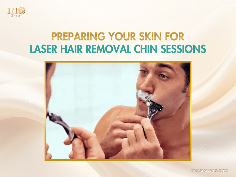 A man shaving his beard and chin area in front of a mirror to prepare for laser hair removal for chin hair