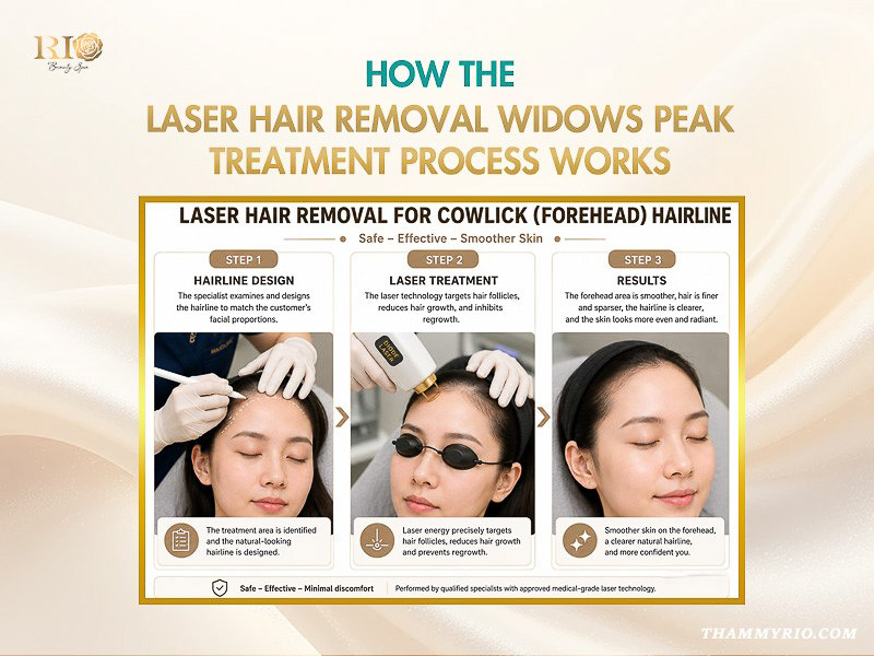 Step by step process of a laser hair removal widows peak treatment at Rio Beauty Clinic.