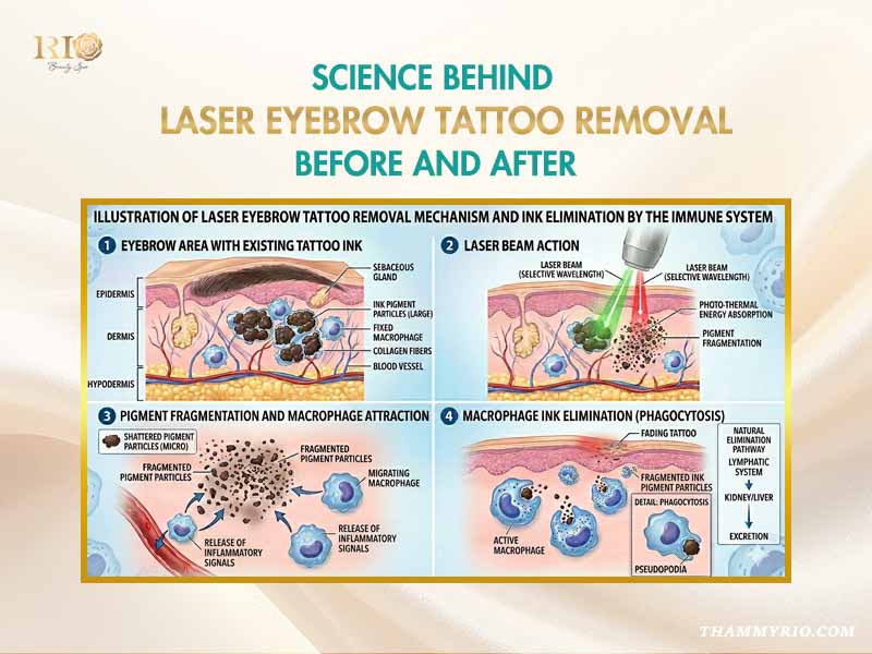 Science behind laser removal eyebrows infographic showing ink fragmentation and lymphatic elimination.