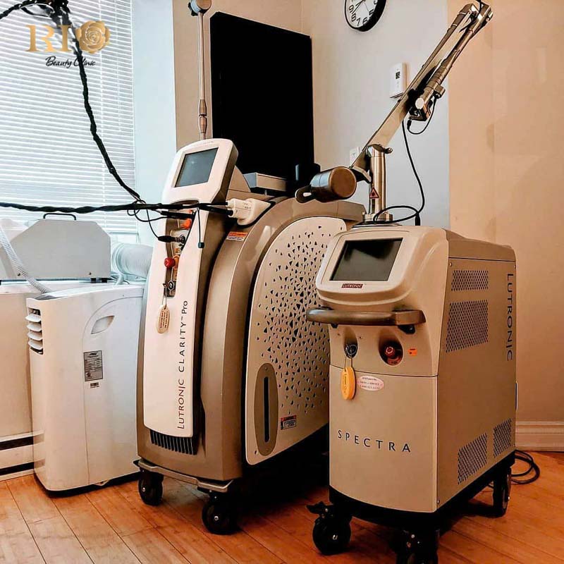 Rio Laser Ultra Series featuring Picotech Advance, ND YAG Spectra, and Ruby Laser Alpha 6 in a sterile luxury clinic.