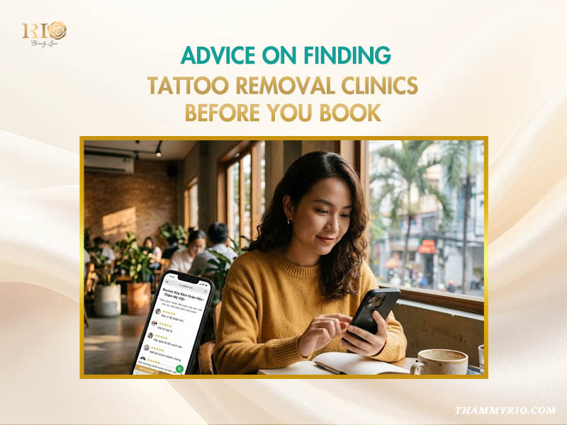 A young woman researching reviews for a laser tattoo removal clinic near me in Hanoi on her smartphone.