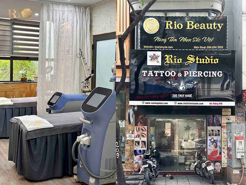 Modern treatment room and storefront of Rio Beauty, a professional laser tattoo removal clinic near me in Hanoi at 205 Thụy Khuê.