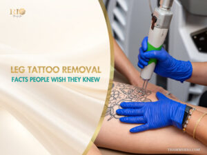 Professional laser leg tattoo removal procedure at Rio Beauty Spa featuring a large thigh tattoo being treated.