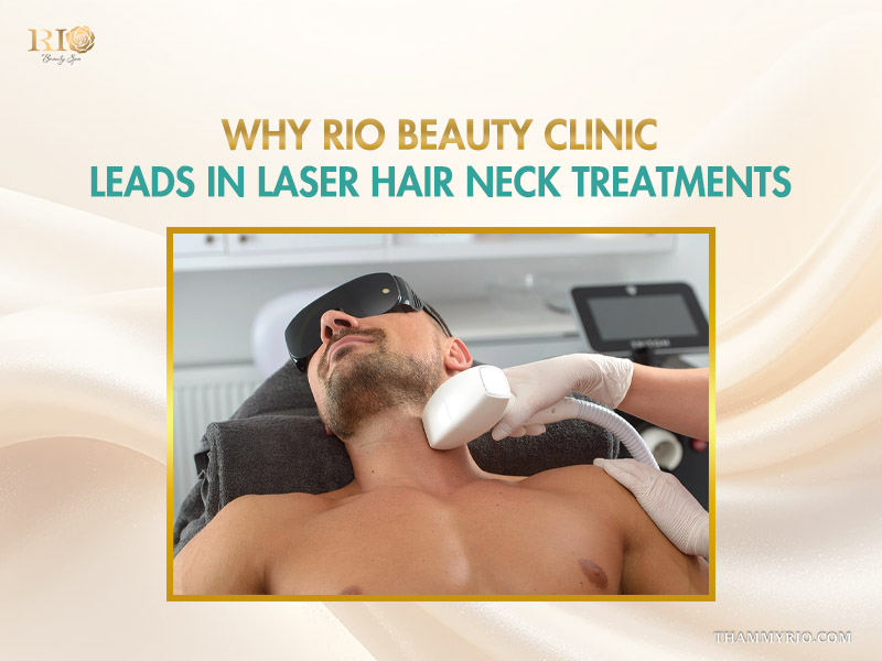 An educational marketing banner from Rio Beauty Spa featuring the text neck hair laser sessions and timeline what to realistically expect. The image displays a side by side comparison of a female client's under-chin and neck area, showing dense hair follicles and shadow before the treatment on the left, and a significantly smoother, clearer skin texture after the laser sessions on the right.