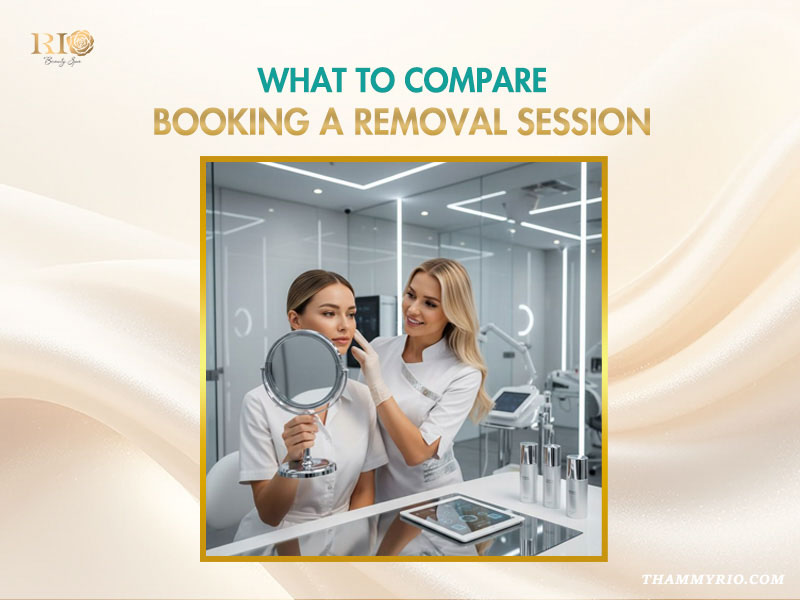 Consultation for permanent makeup removal in Hanoi, featuring a technician in white gloves examining a client's eyebrow through a mirror at Rio Beauty Spa.