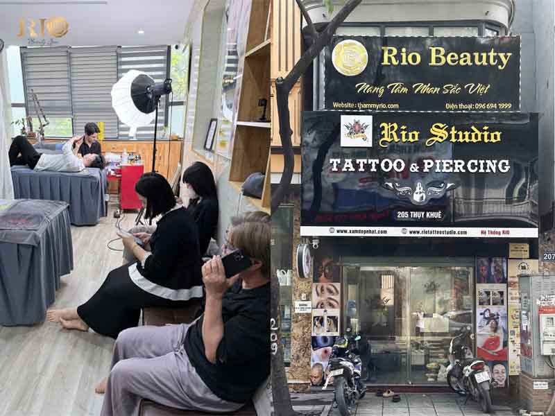 Busy interior of Rio Beauty Spa and storefront of Rio Studio at 205 Thuy Khue, providing permanent makeup removal near me in Hanoi.