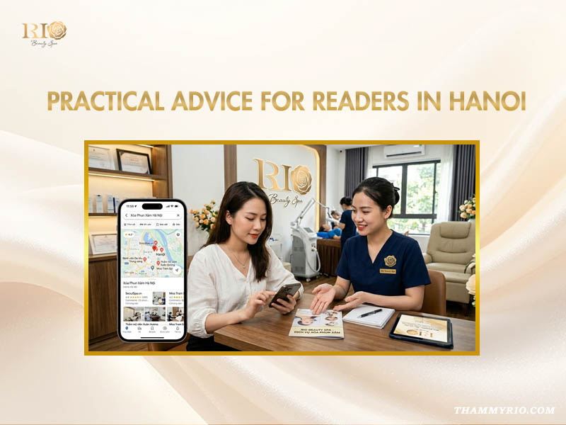 Professional consultation at Rio Beauty Spa with a smartphone showing Google Maps results for permanent makeup removal near me in Hanoi.