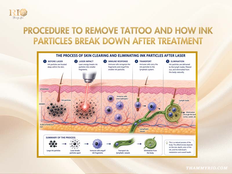 Infographic diagram showing the biological procedure to remove tattoo and how ink particles break down after laser treatment.