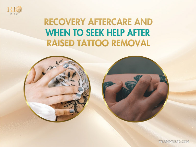 Hands applying healing cream and checking skin texture after raised tattoo removal.
