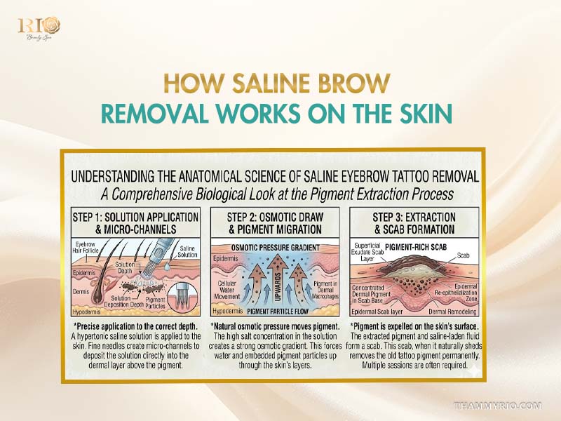 Infographic explaining how saline to remove microblading works through osmosis and pigment extraction.