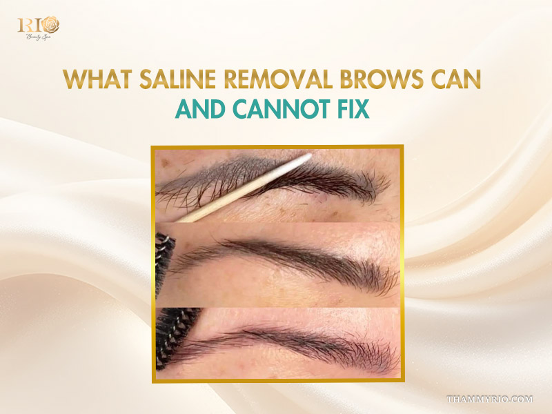 Before and after of eyebrow tattoo correction using saline to remove microblading results.