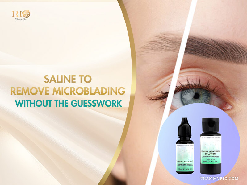 Saline to remove microblading solution and before-after eyebrow results at Rio Beauty Spa.