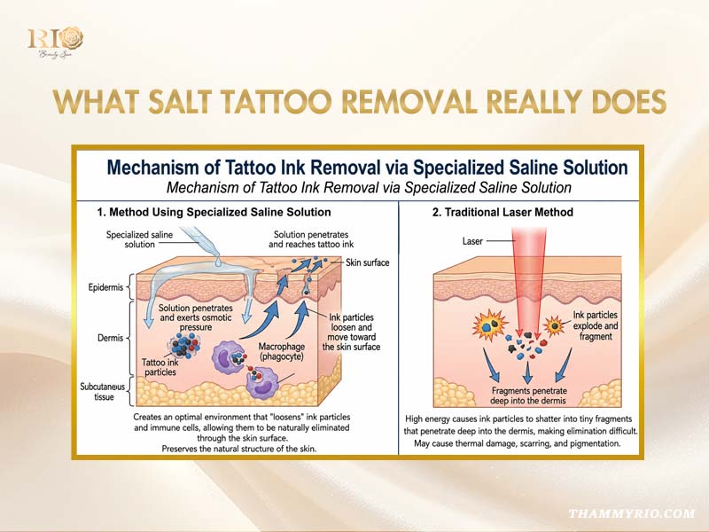 Diagram comparing salt tattoo removal using specialized saline solution versus traditional laser method.