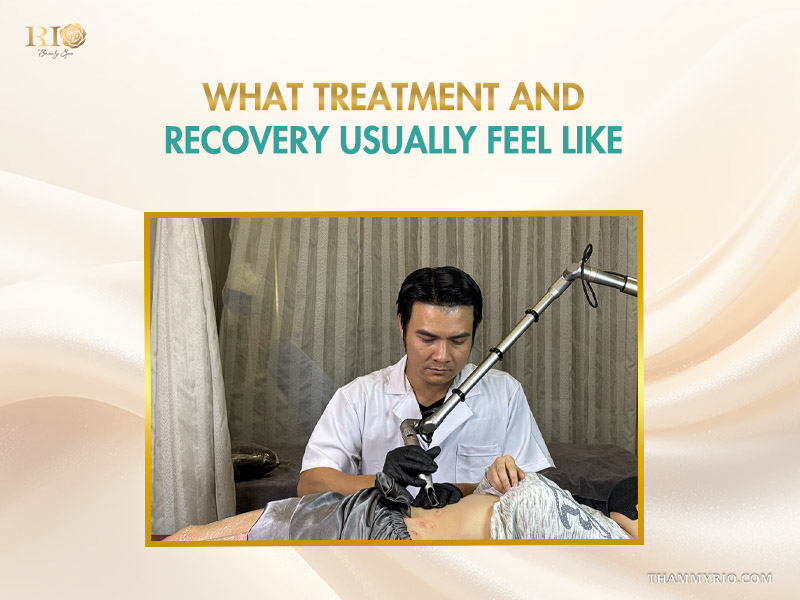 A male expert is using a professional laser machine for a stomach tattoo removal procedure on a patient in a medical spa setting.