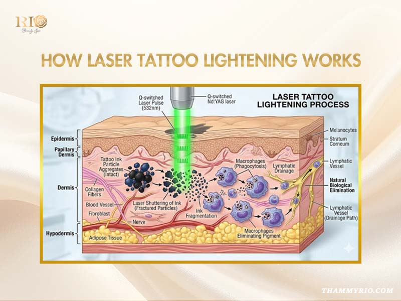 Mechanism of laser tattoo lightening technology breaking down ink particles in skin layers.