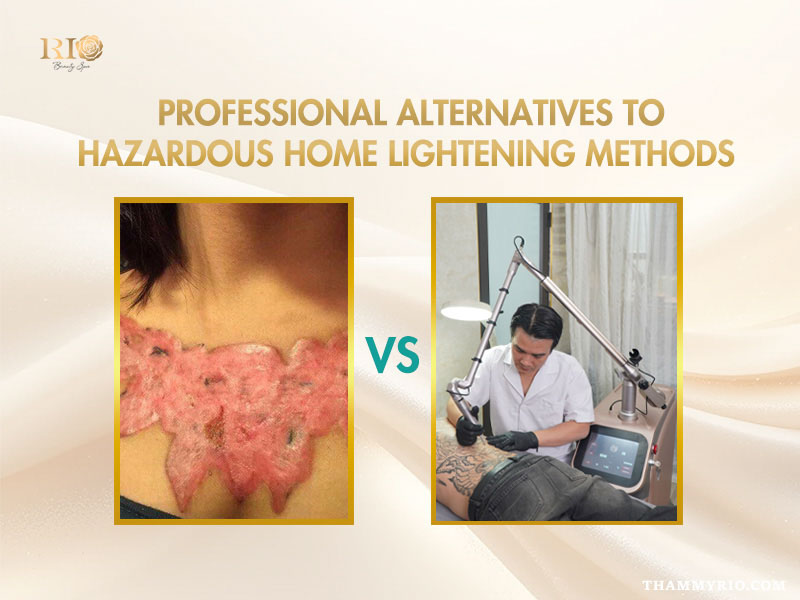 Comparison of severe skin damage from home tattoo lightening vs professional laser treatment.