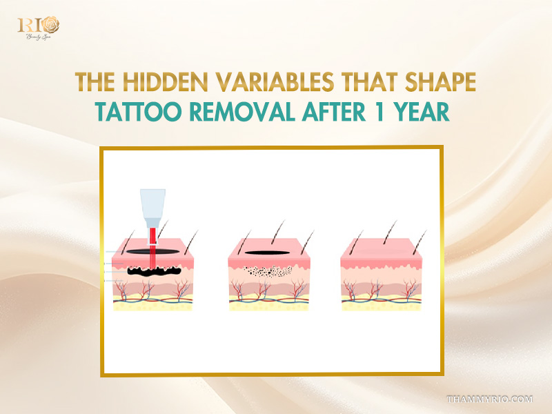 Diagram showing the process of laser tattoo removal after 1 year with ink particles breaking down.