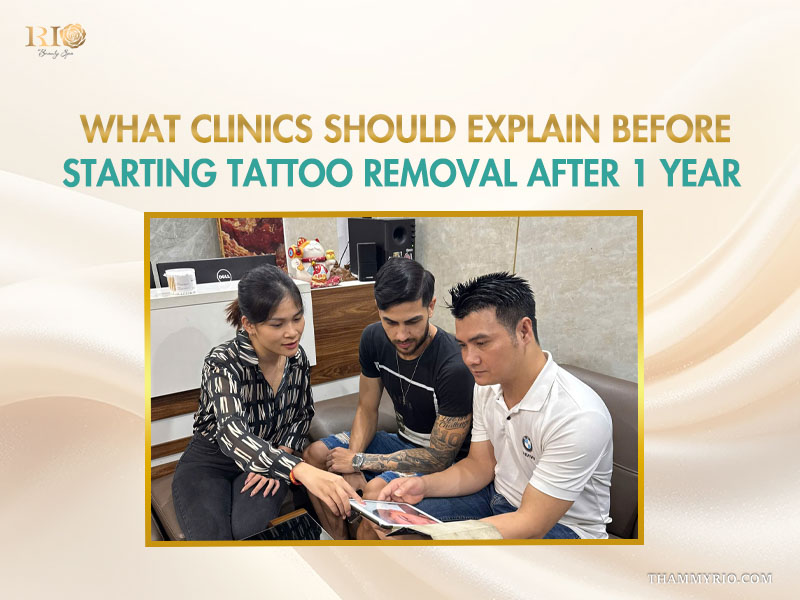 Professional consultation for tattoo removal after 1 year at Rio Beauty Spa showing treatment progress on a tablet.
