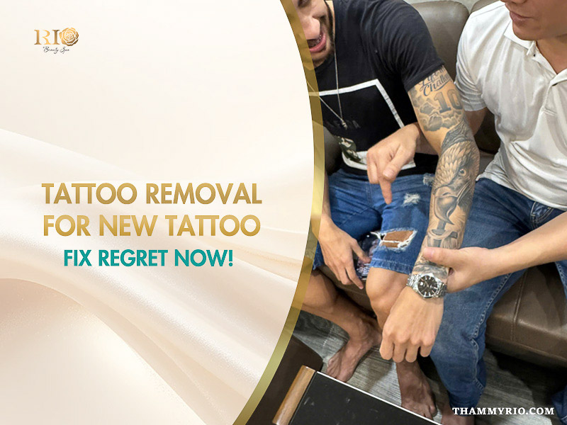Tattoo removal for new tattoo consultation at Rio Beauty Spa showing a man pointing at a detailed sleeve tattoo on another person's arm.