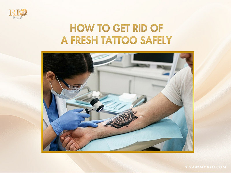 Dermatologist examining a fresh forearm tattoo with a dermatoscope for a tattoo removal for new tattoo procedure.