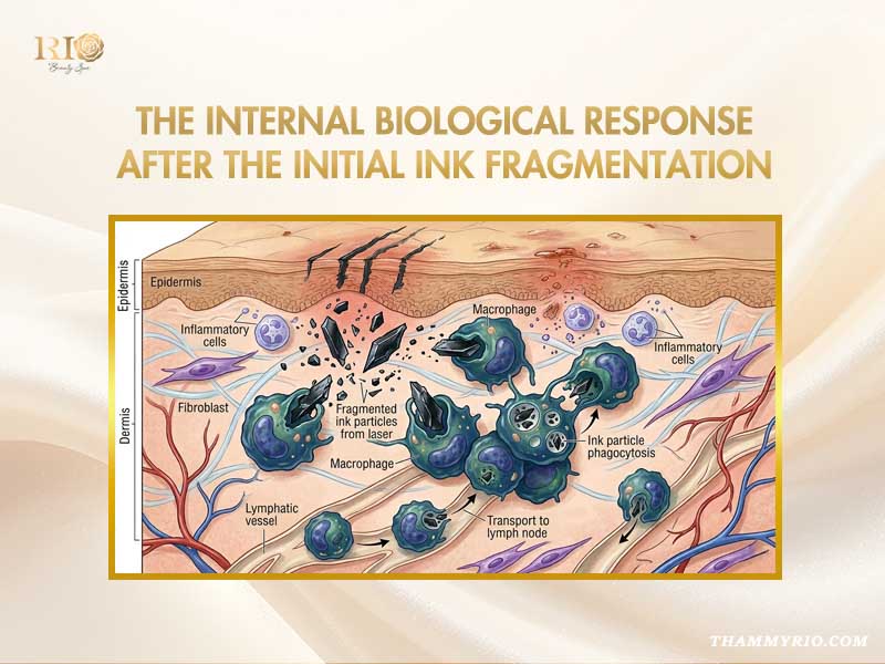 Biological process of ink fragmentation and phagocytosis preparing for tattoo removal second session.