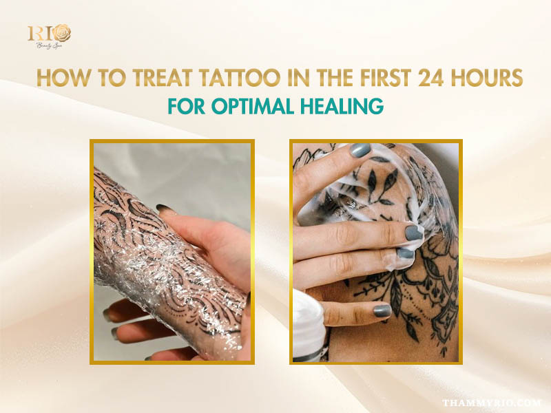 Steps for treating new tattoo including protective wrapping and applying healing cream.